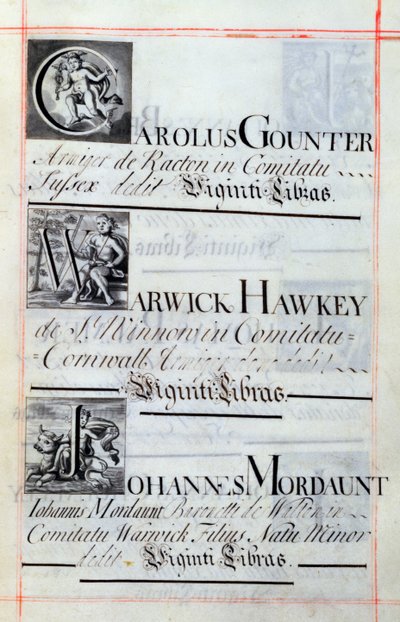 Arkiv 3693 f.62 Side som viser tre velgjørere fra New College, Oxford; Carolus Gounter, Warwick Hawkey og Johannes Mordaunt, fra en velgjørelsesbok, 16812-84 (penn og blekk) av English School